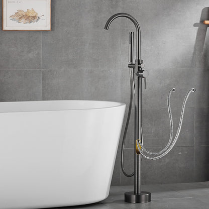 Gunmetal Floor-Mount Freestanding Tub Filler Faucet, Single-Handle Swivel Spout Bathtub Faucet with Handheld Shower