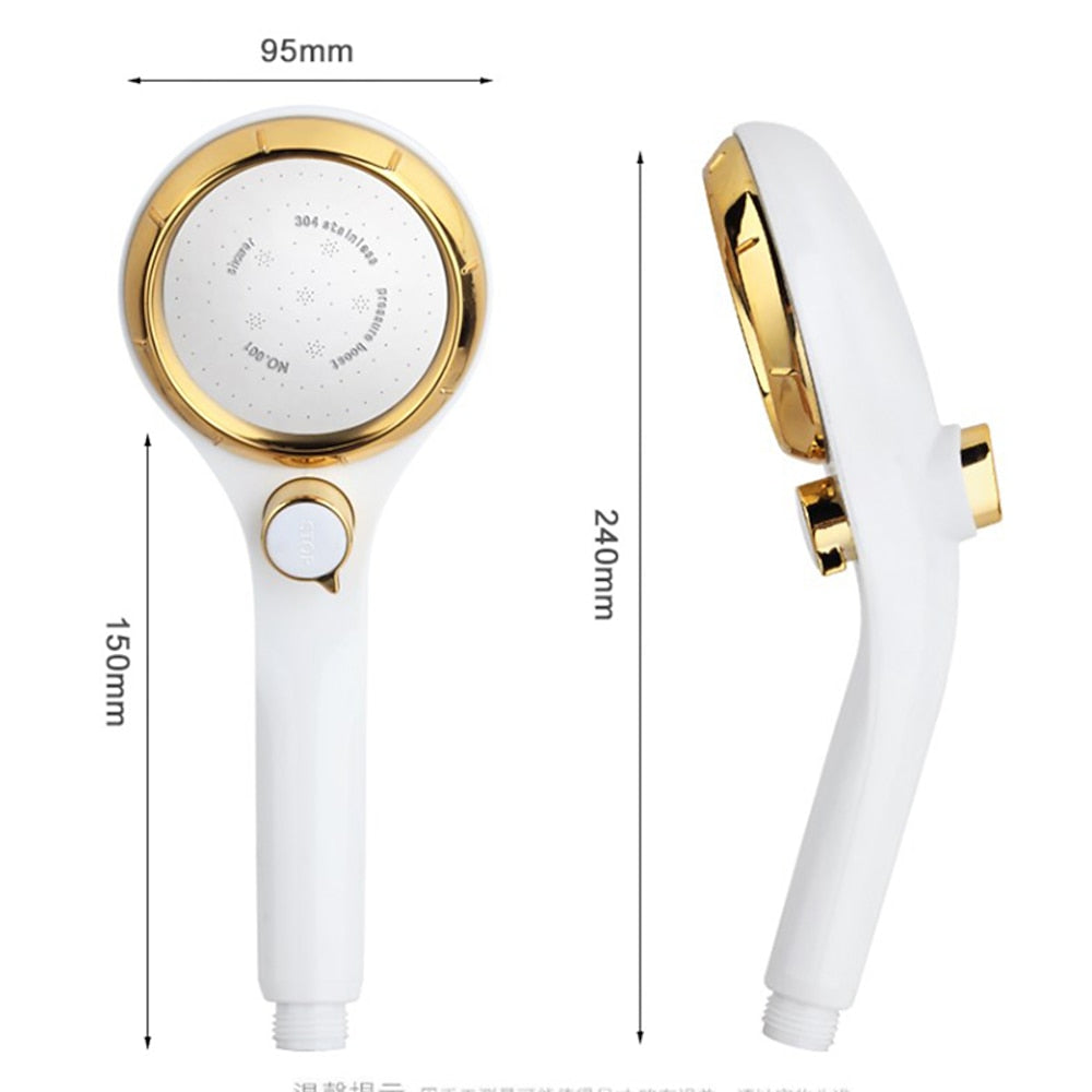 High Pressure Handheld Shower Head with Stop Button, Stepless Flow Control Water Saving ABS Showerhead, White / Gold / Silver