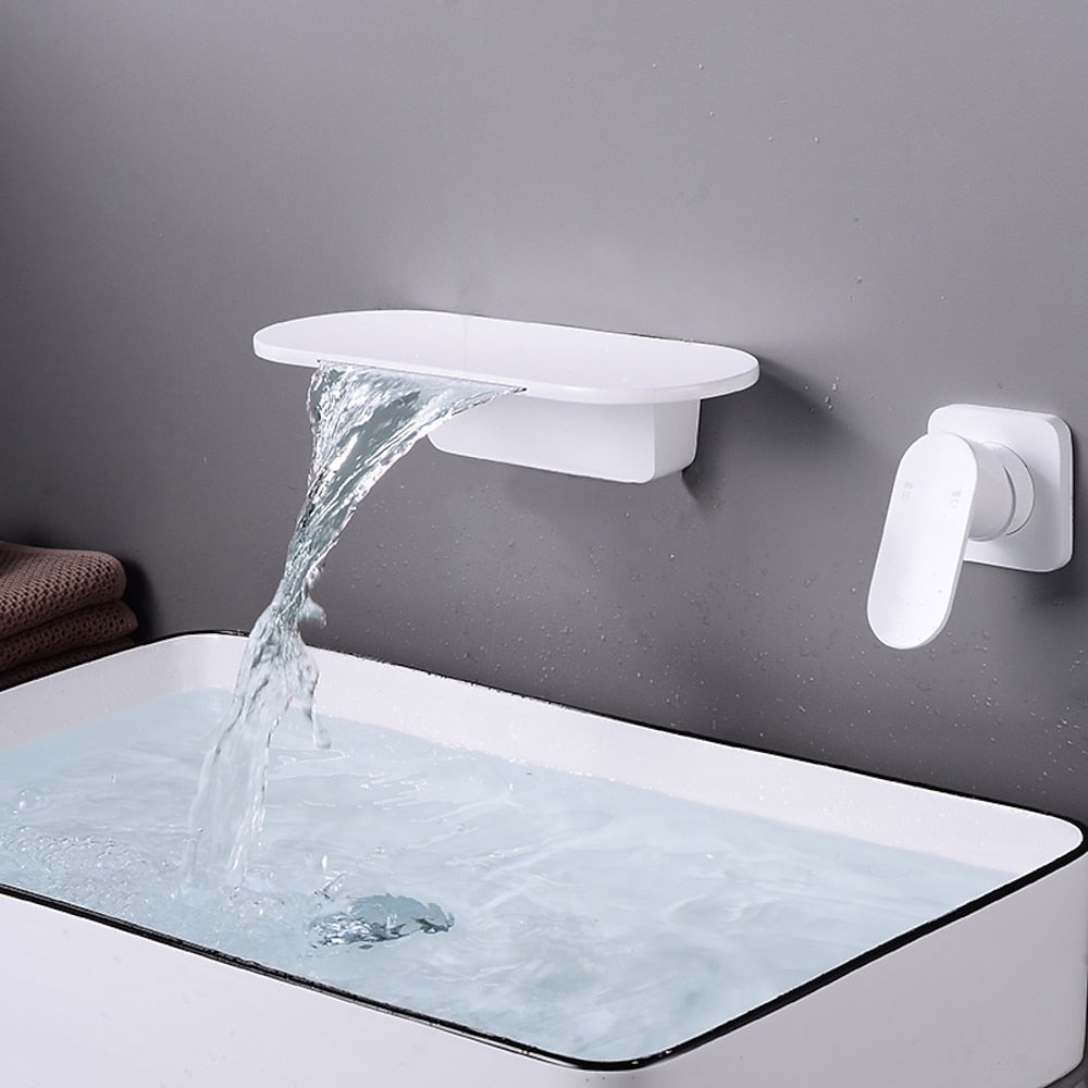 Waterfall Wall-Mount Bathroom Faucet, Single-Handle Brass Sink Faucet, Matte Black / Matte White