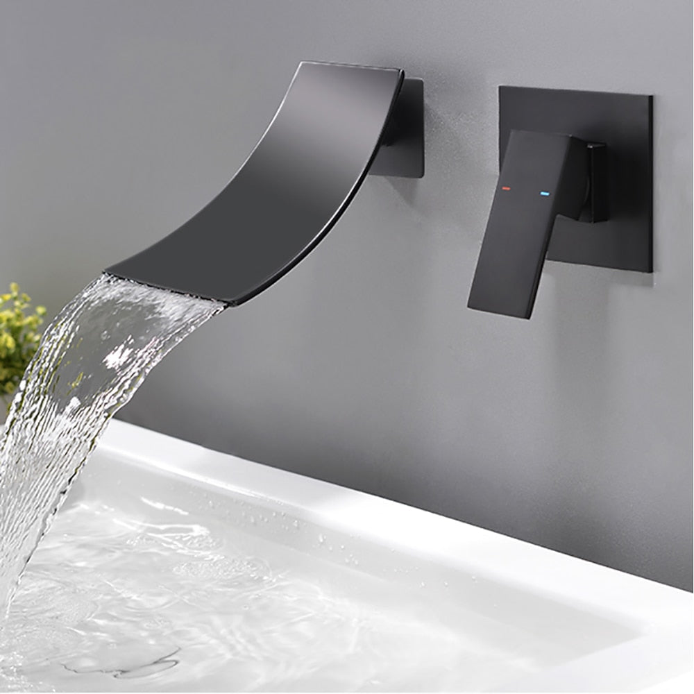 Matte Black Waterfall Wall-Mount Bathroom Faucet, Single-Handle Brass Basin Faucet with Rough-In Valve