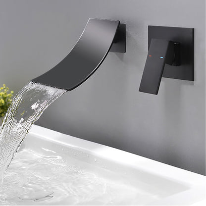 Matte Black Waterfall Wall-Mount Bathroom Faucet, Single-Handle Brass Basin Faucet with Rough-In Valve