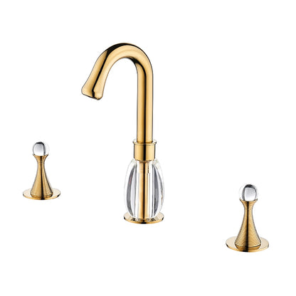 Polished Gold Modern Widespread Bathroom Faucet, High Arc Dual Crystal Knob Faucet