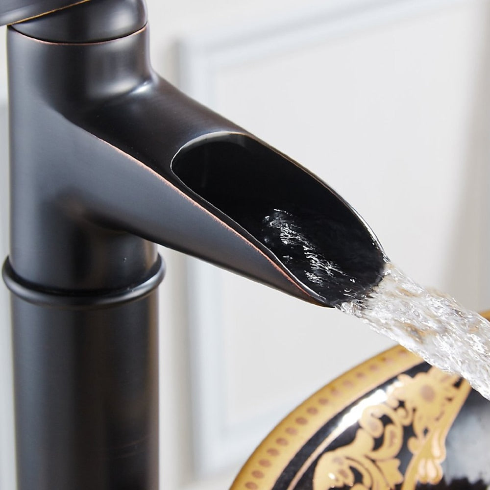 Oil-Rubbed Bronze Waterfall Bathroom Faucet, Single-Handle Vessel Faucet with Pop-Up Drain