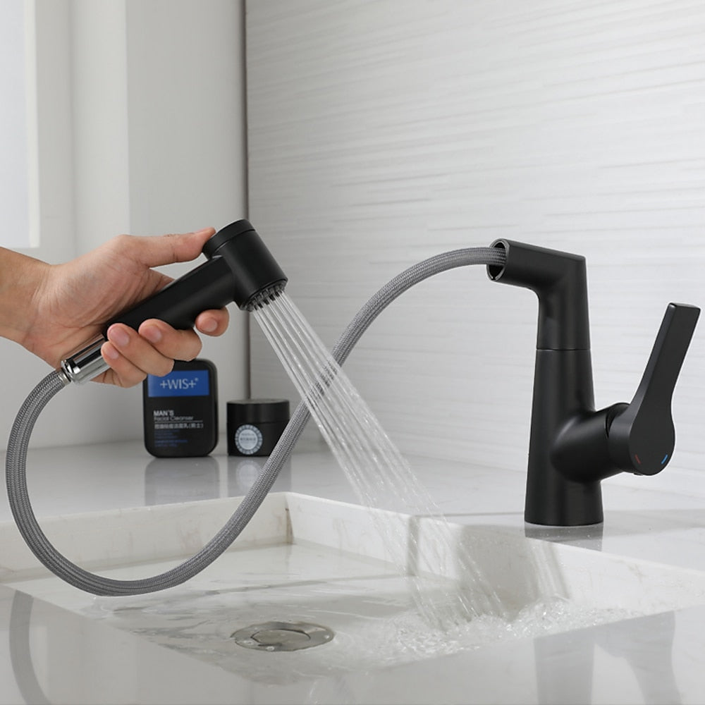 Pull-Out Single-Hole Bathroom Faucet, Single-Handle Brass Faucet, Brushed Gold / Chrome / Matte Black / Gunmetal