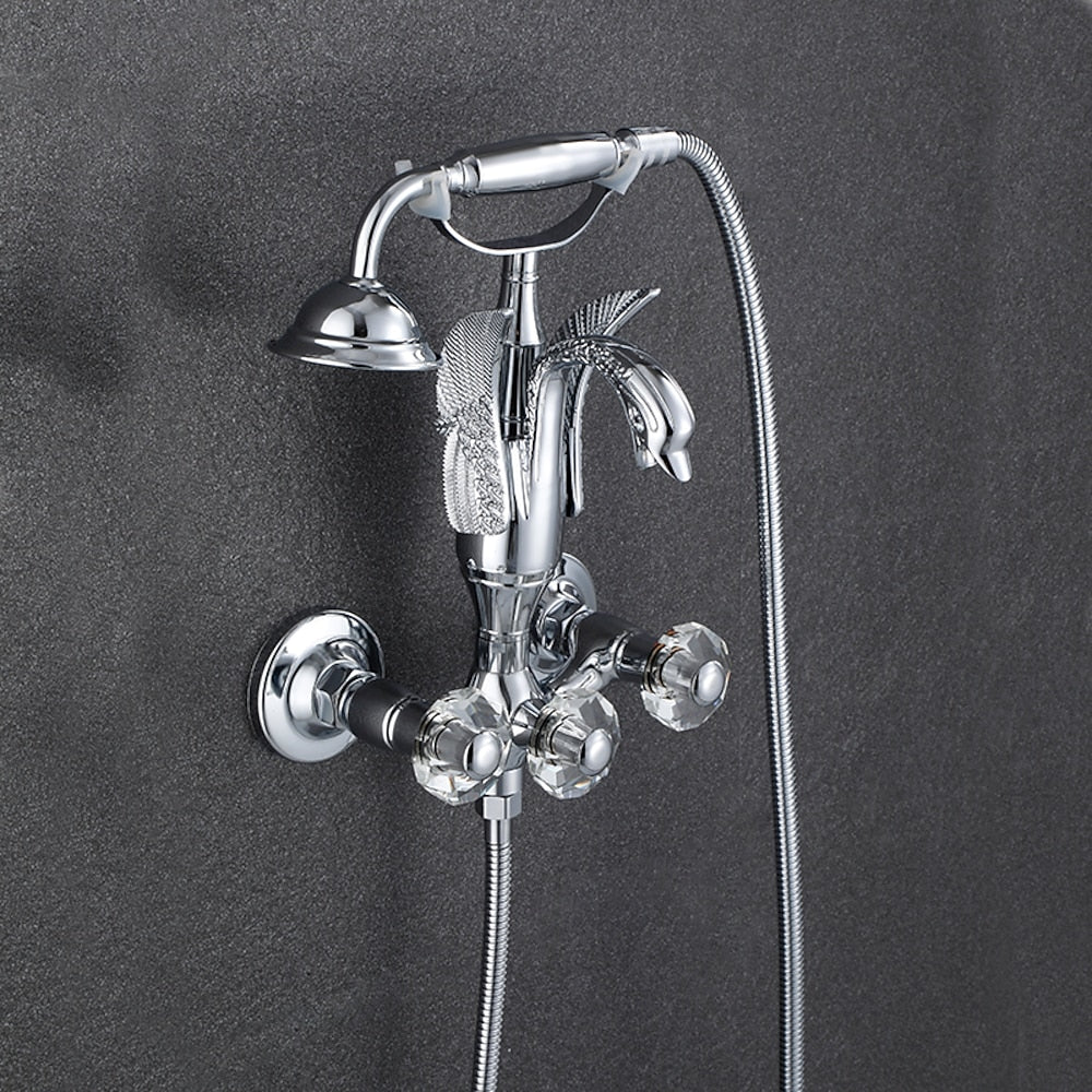 Swan Spout Wall-Mount Bathtub Faucet, Dual-Handle Tub Filler with Handheld Shower, Antique Brass / Matte Black / Chrome / Polished Gold