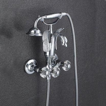 Swan Spout Wall-Mount Bathtub Faucet, Dual-Handle Tub Filler with Handheld Shower, Antique Brass / Matte Black / Chrome / Polished Gold