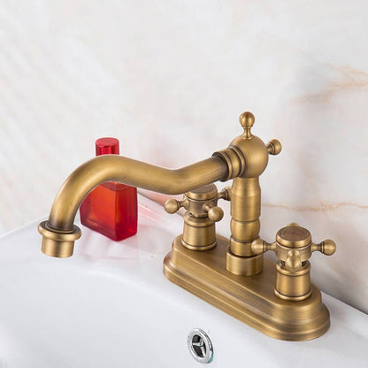 Antique Brass Swivel Spout Bathroom Faucet, Vintage Double-Handle Centerset Faucet