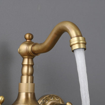 Traditional Antique Brass Wall-Mount Kitchen Faucet, Dual Cross Handle Brass Faucet with Swivel Spout