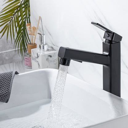 Pull-Out Single-Hole Brass Bathroom Faucet, Upward Fountain Spout Faucet, Chrome / Matte Black / Brushed Gold / Gunmetal