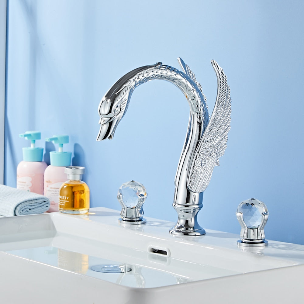 Swan-Shaped Widespread Bathroom Faucet, Double-Handle Brass Basin Faucet with Crystal Knob Handles, Antique Brass / Polished Gold / Chrome / Matte Black