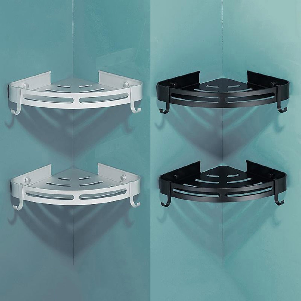 Modern Space Aluminum Wall-Mount Corner Shower Shelf, Triangle Single-Layer Shower Caddy with Hooks, Matte Black / Stainless Steel