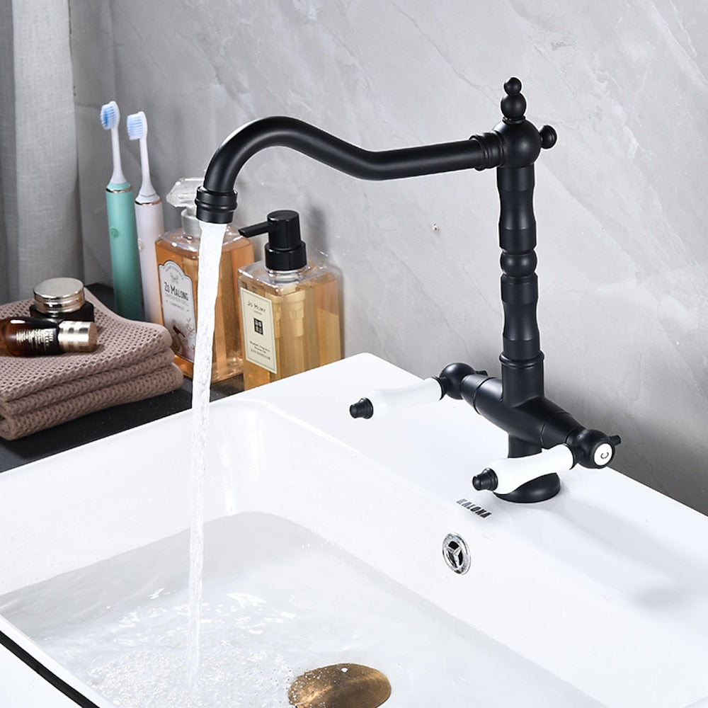 Antique Single-Hole Bathroom Faucet, Dual Ceramic Handle Swivel Spout Faucet, Antique Brass / Brushed Nickel / Chrome / Matte Black / Polished Gold