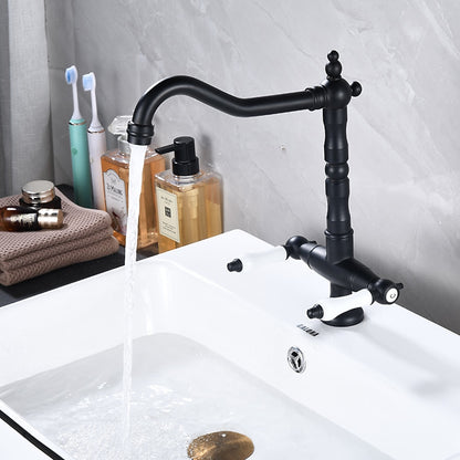 Antique Single-Hole Bathroom Faucet, Dual Ceramic Handle Swivel Spout Faucet, Antique Brass / Brushed Nickel / Chrome / Matte Black / Polished Gold