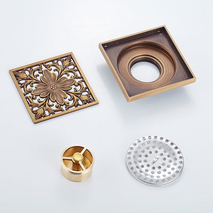Traditional Antique Brass Square Shower Floor Drain, Removable Floral Cover Floor Drain