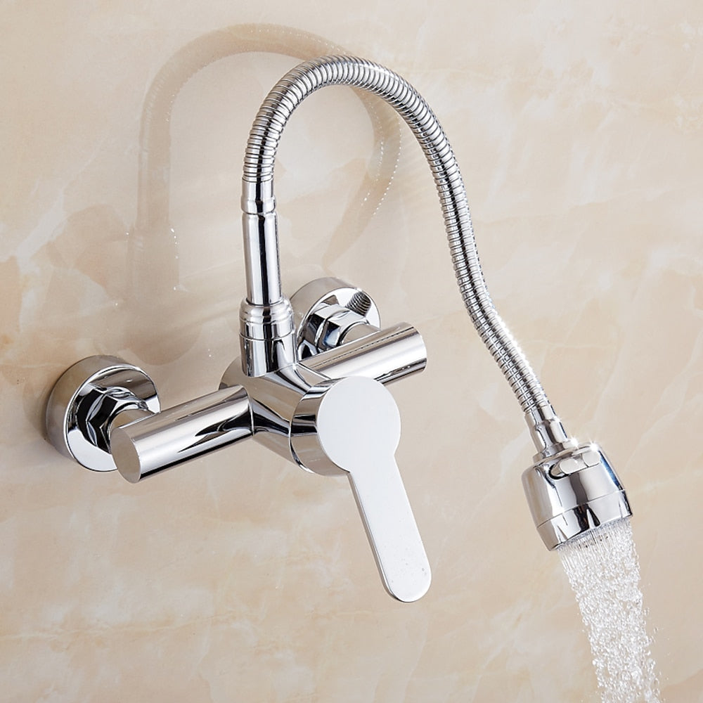 Flexible Spout Chrome Wall-Mount Kitchen Faucet, Modern Single-Handle Brass Faucet
