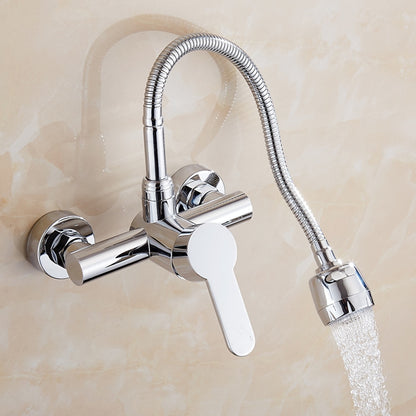 Flexible Spout Chrome Wall-Mount Kitchen Faucet, Modern Single-Handle Brass Faucet