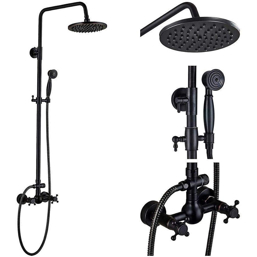 Oil-Rubbed Bronze Antique Rainfall Shower System, Wall-Mounted Brass Dual-Handle Shower Faucet with Handheld Shower