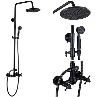 Oil-Rubbed Bronze Antique Rainfall Shower System, Wall-Mounted Brass Dual-Handle Shower Faucet with Handheld Shower
