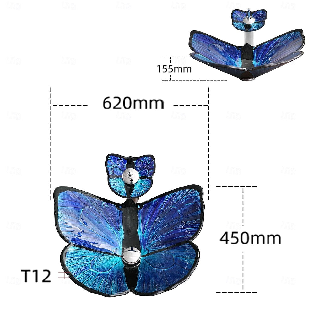Butterfly Shape Tempered Glass Vessel Sink, Single-Handle Waterfall Faucet Combo with Pop-Up Drain, Multi