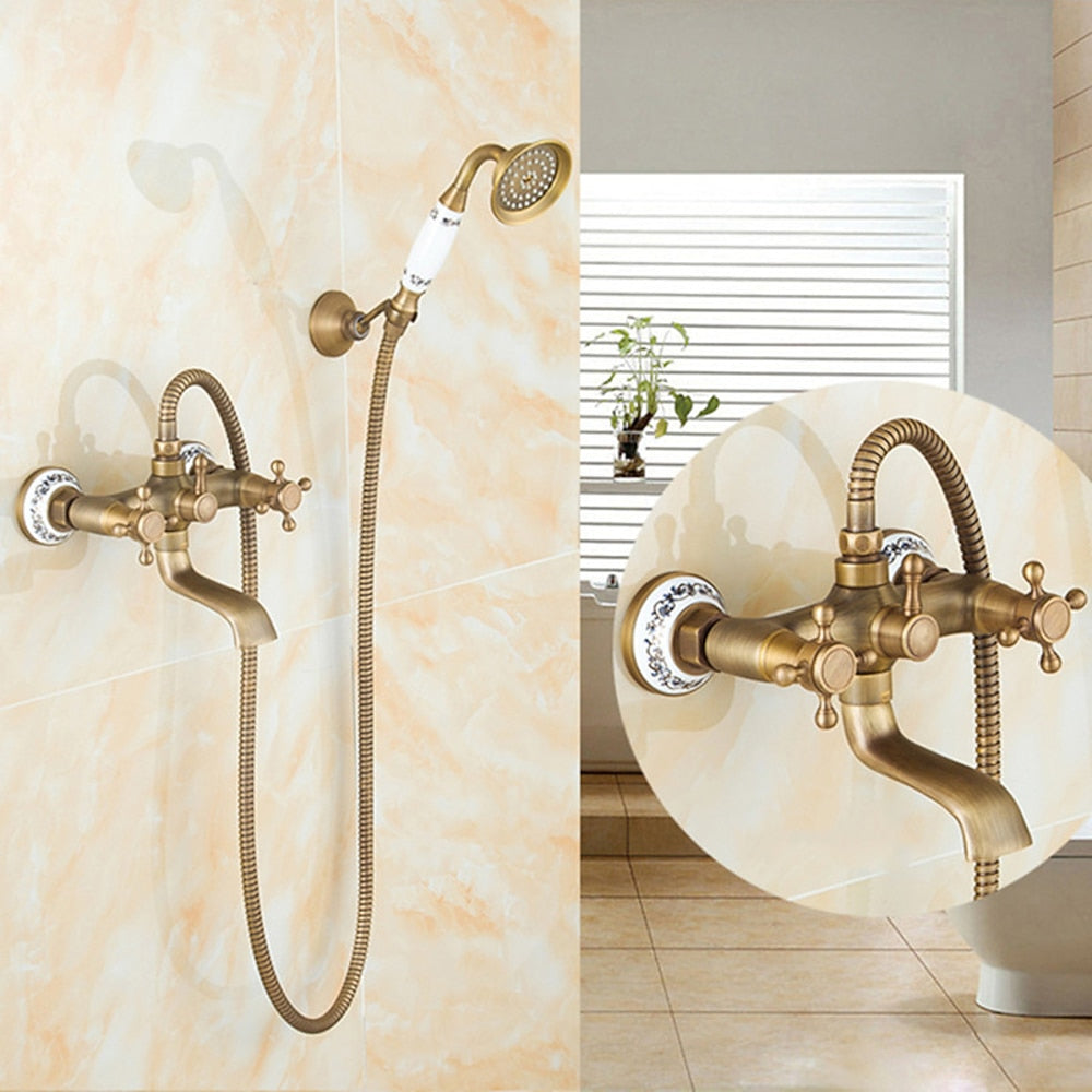 Vintage Brass Wall-Mount Tub Filler Faucet, Dual-Handle Tub Faucet with Handheld Shower, Antique Brass / Oil-Rubbed Bronze