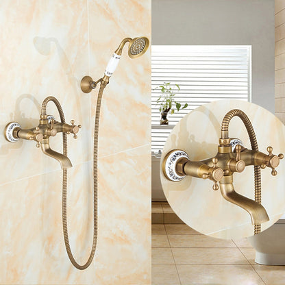 Vintage Brass Wall-Mount Tub Filler Faucet, Dual-Handle Tub Faucet with Handheld Shower, Antique Brass / Oil-Rubbed Bronze