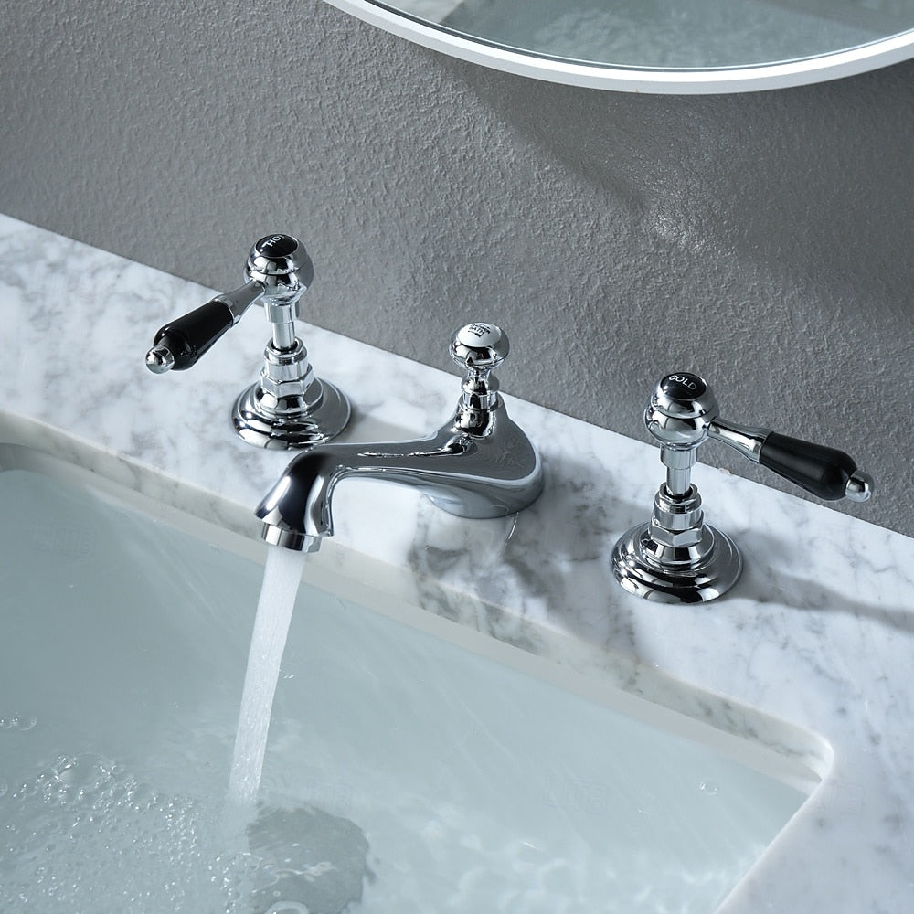Vintage Widespread Bathroom Faucet, Double-Handle 3-Hole Sink Faucet, Chrome / Polished Gold