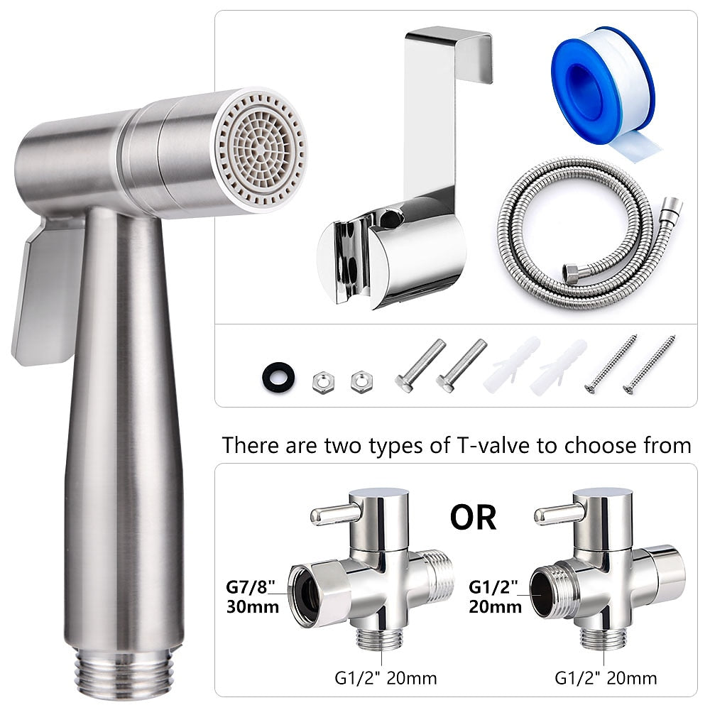 Stainless Steel Handheld Bidet Sprayer, Dual Spray Mode Shattaf Toilet Sprayer with T-Valve, Hose, Holder