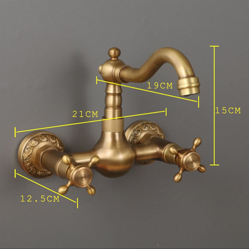 Traditional Antique Brass Wall-Mount Kitchen Faucet, Dual Cross Handle Brass Faucet with Swivel Spout