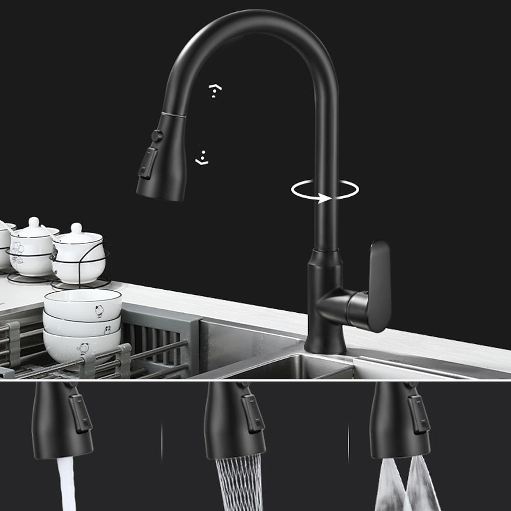 Modern Pull-Down Kitchen Faucet, Single-Handle High-Arc Brass Faucet, Chrome / Gunmetal / Matte Black
