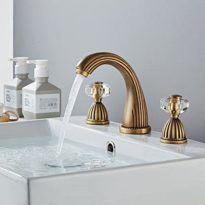 Traditional Antique Brass Widespread Bathroom Faucet, Double Crystal Handle High Arc Sink Faucet