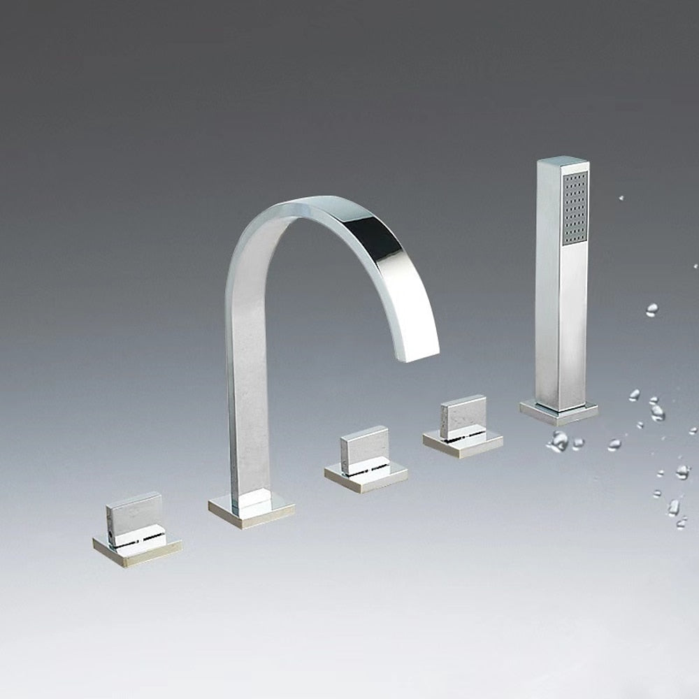 High Arc Roman Tub Faucet, 3-Handle Deck Mounted Bath Filler with Handheld Shower, Chrome / Matte Black