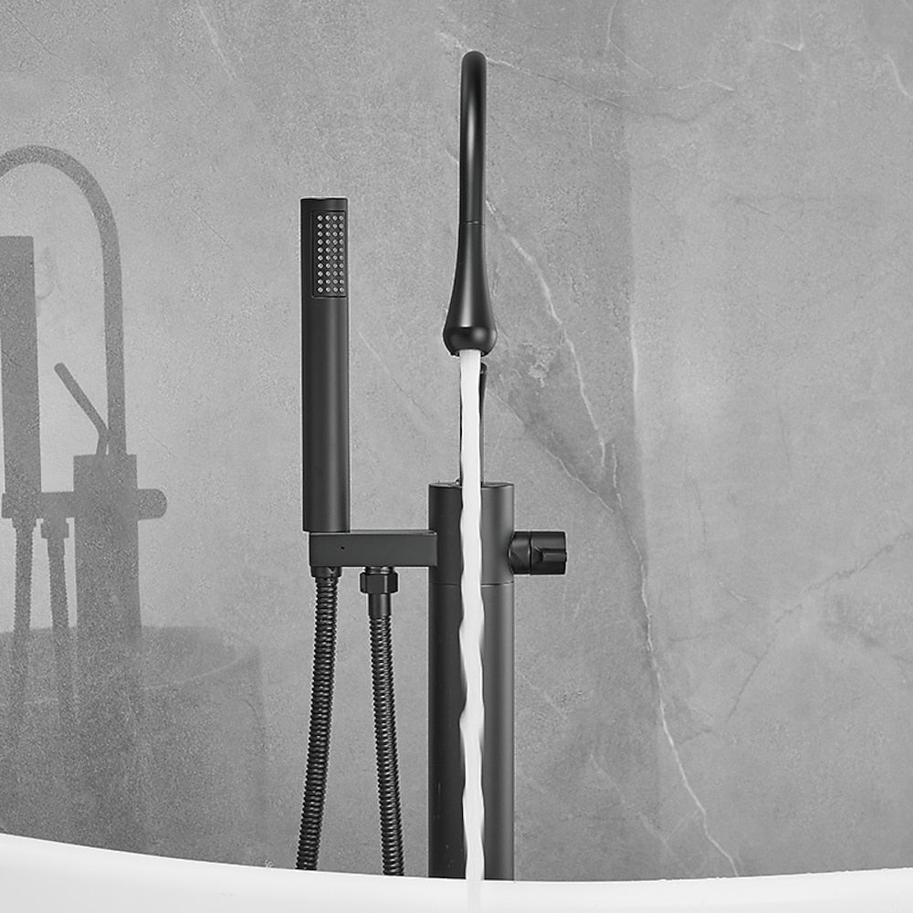Modern High Arc Freestanding Tub Filler Faucet, Single-Handle Brass Bath Faucet with Handheld Shower, Chrome / Matte Black