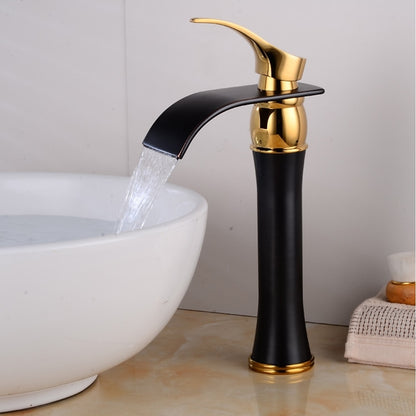 Modern Waterfall Vessel Sink Faucet, Two-Tone Matte Black Gold Single-Handle Faucet