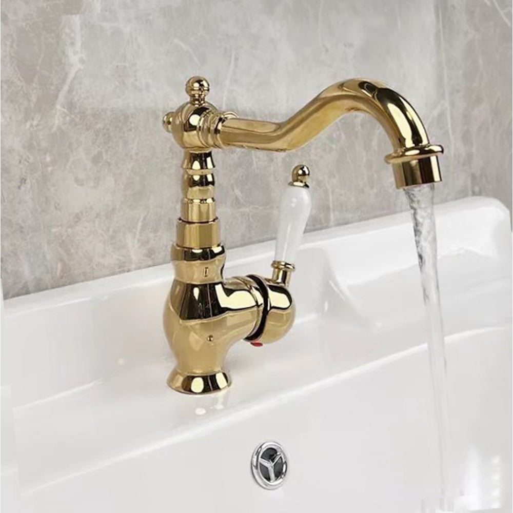 Traditional Ceramic Lever Handle Bathroom Faucet, Single-Hole Deck Mount High Arc Spout Faucet, Antique Brass / Chrome / Gunmetal / Matte White / Polished Gold