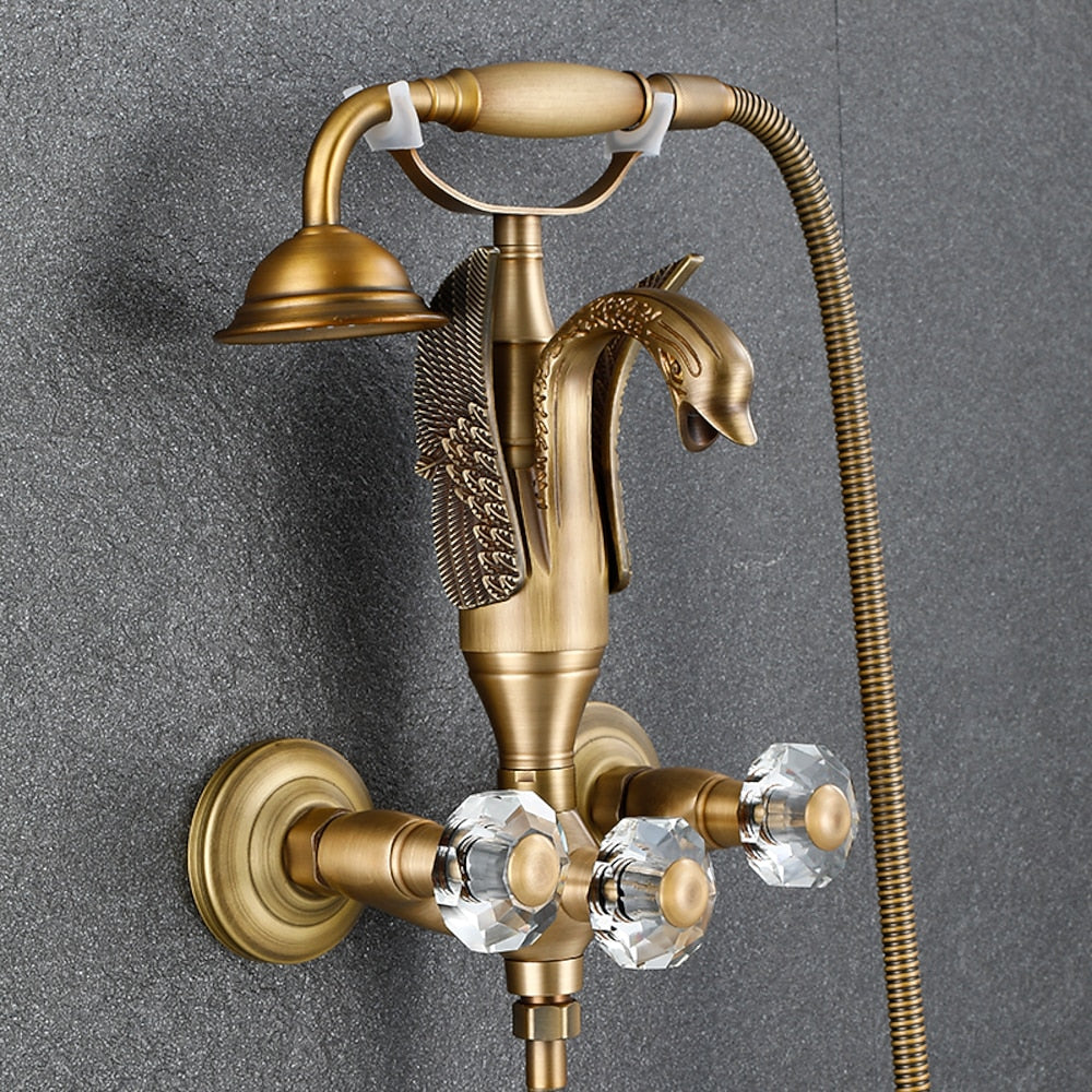 Swan Spout Wall-Mount Bathtub Faucet, Dual-Handle Tub Filler with Handheld Shower, Antique Brass / Matte Black / Chrome / Polished Gold
