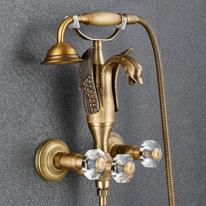 Swan Spout Wall-Mount Bathtub Faucet, Dual-Handle Tub Filler with Handheld Shower, Antique Brass / Matte Black / Chrome / Polished Gold
