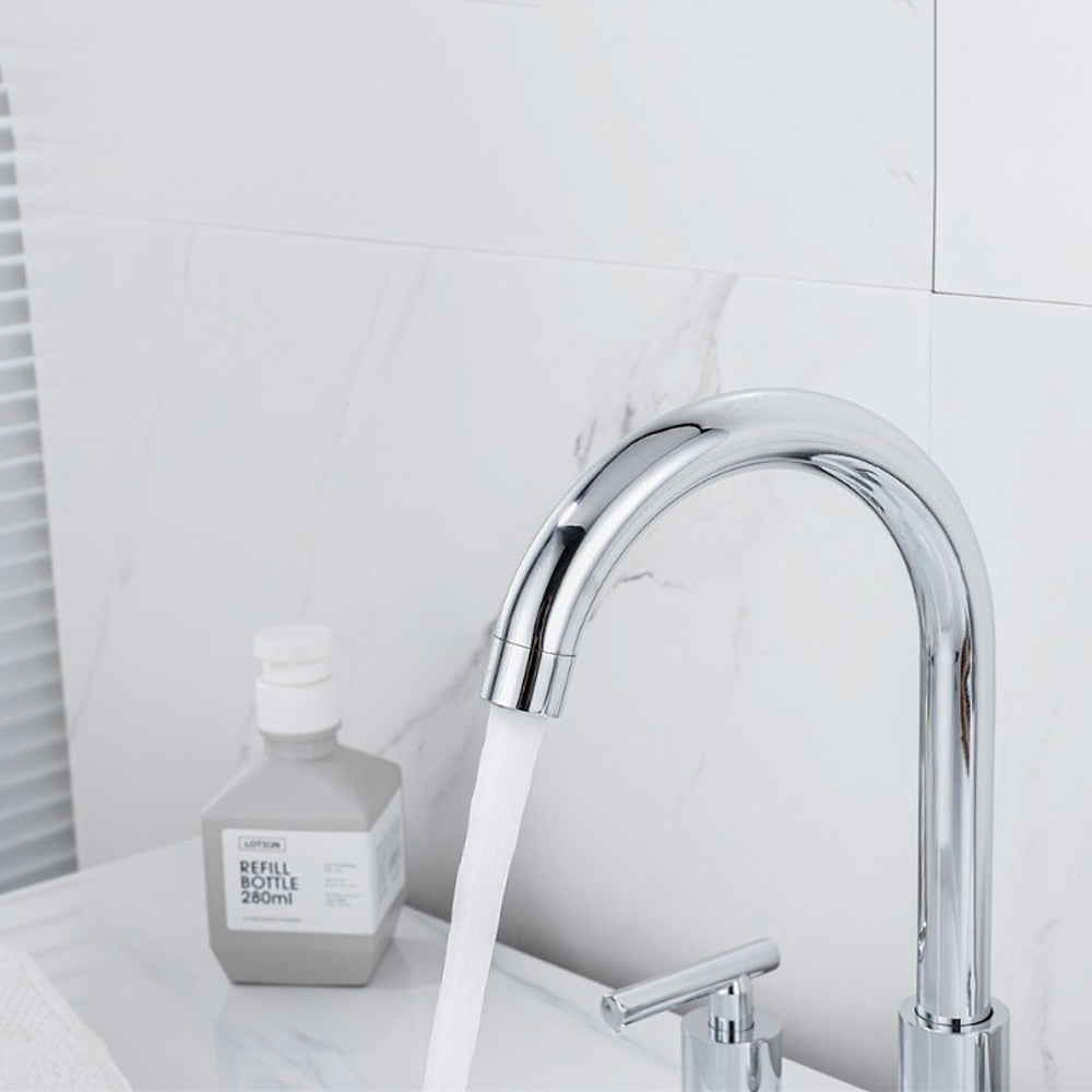 Modern 3-Hole Widespread Bathroom Faucet, Brass Dual-Handle Faucet with 360-Degree Swivel Spout, Chrome / Matte Black / Polished Gold