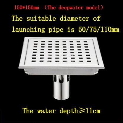 Stainless Steel Anti-Odor Square Floor Drain, Floor-Mounted Shower Drain with Removable Cover