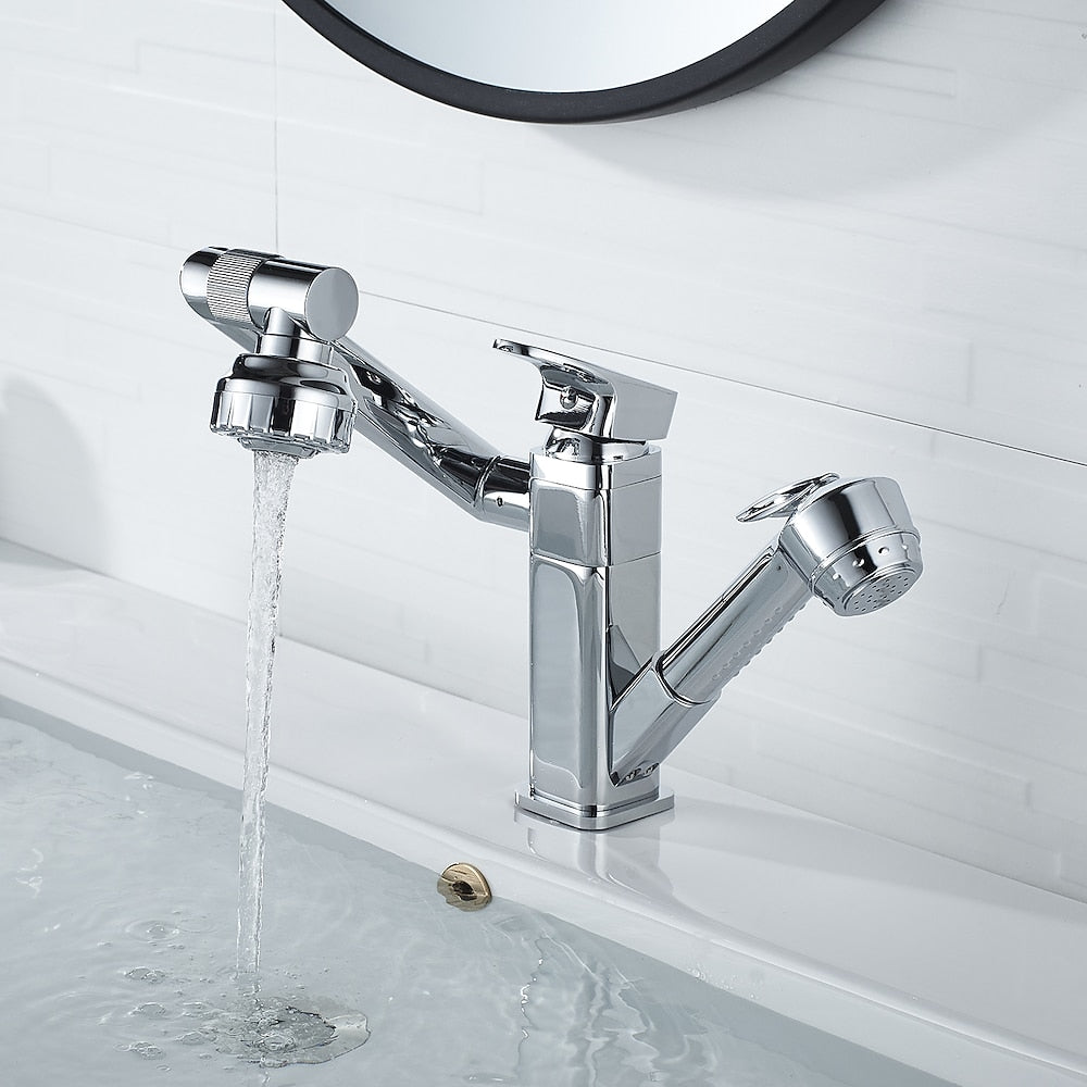 Chrome Single-Hole Bathroom Sink Faucet, Pull-Out Swivel Spout Faucet
