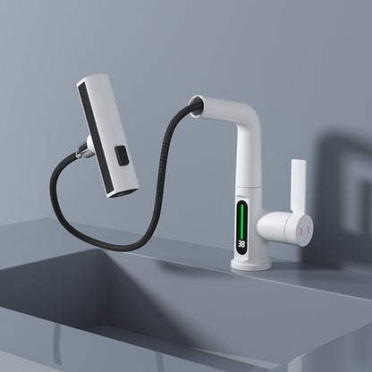 Modern LED Temperature Display Pull-Out Bathroom Faucet, Single-Handle Swivel Faucet, Matte Black / Chrome / Matte White / Gunmetal