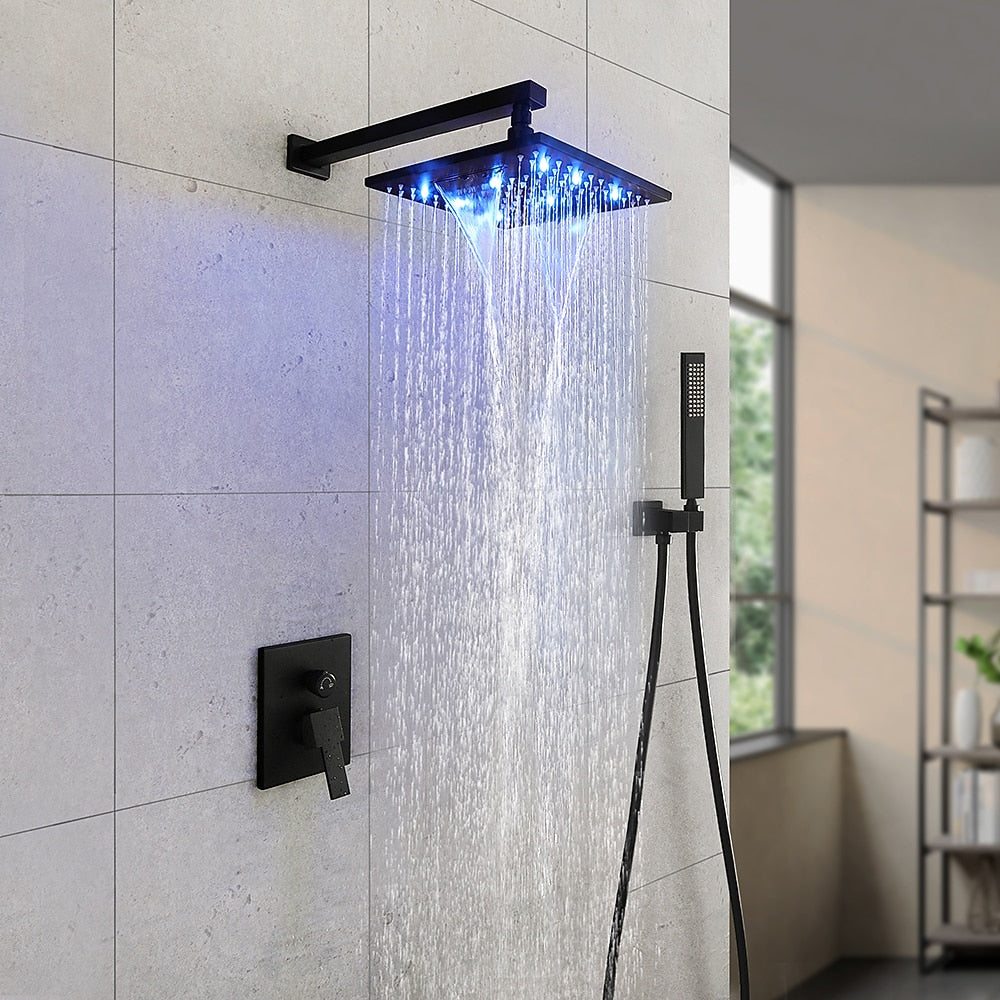 LED Rainfall Shower Faucet System, Wall-Mount Single-Handle Shower Faucet with Handheld Shower, Matte Black / Chrome
