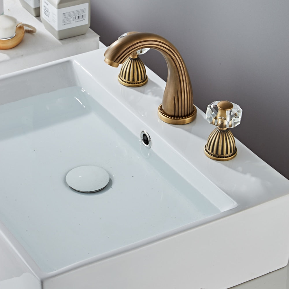 Traditional Antique Brass Widespread Bathroom Faucet, Double Crystal Handle High Arc Sink Faucet