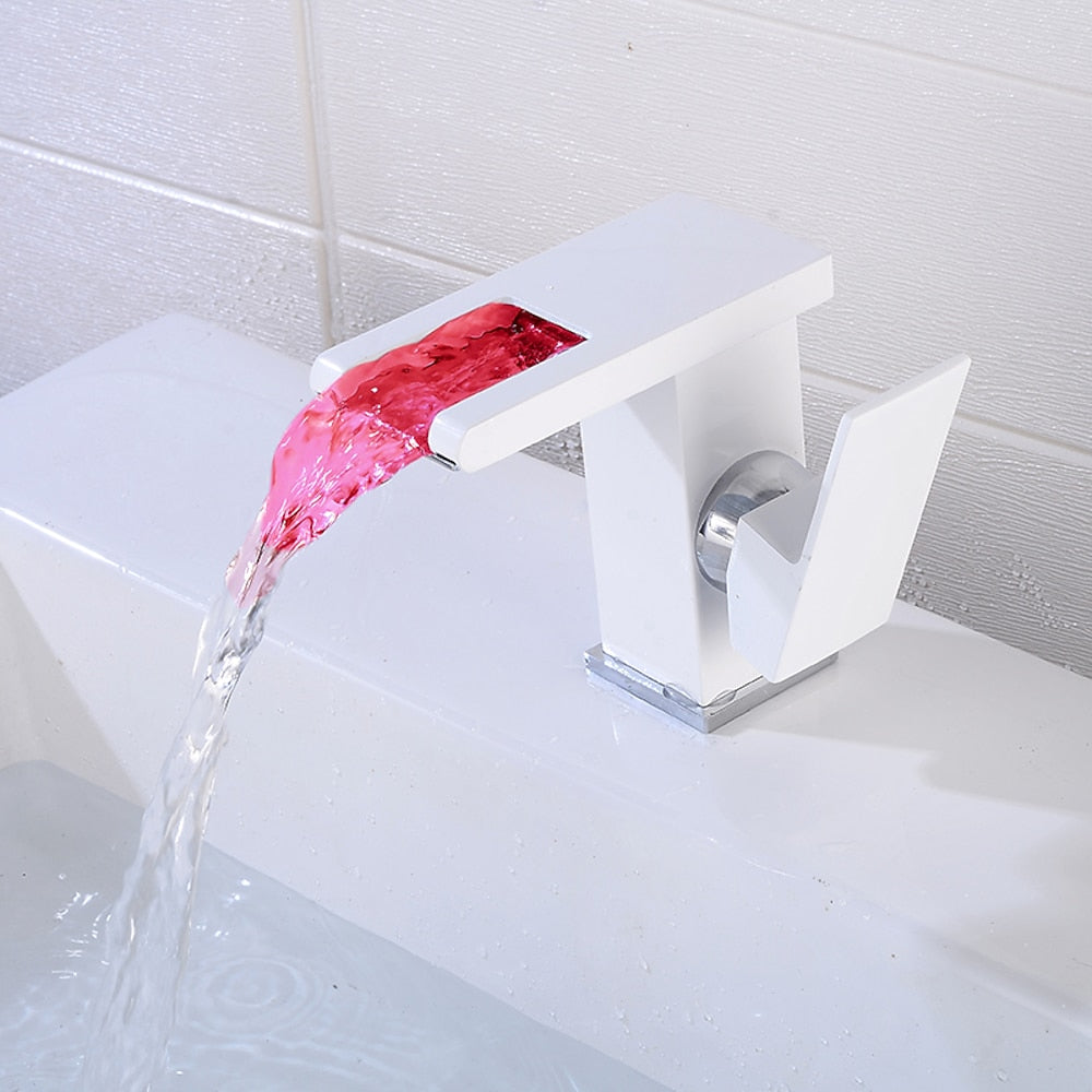 LED Waterfall Bathroom Faucet, Modern Single-Handle Brass Faucet, Matte Black / Matte White / Chrome