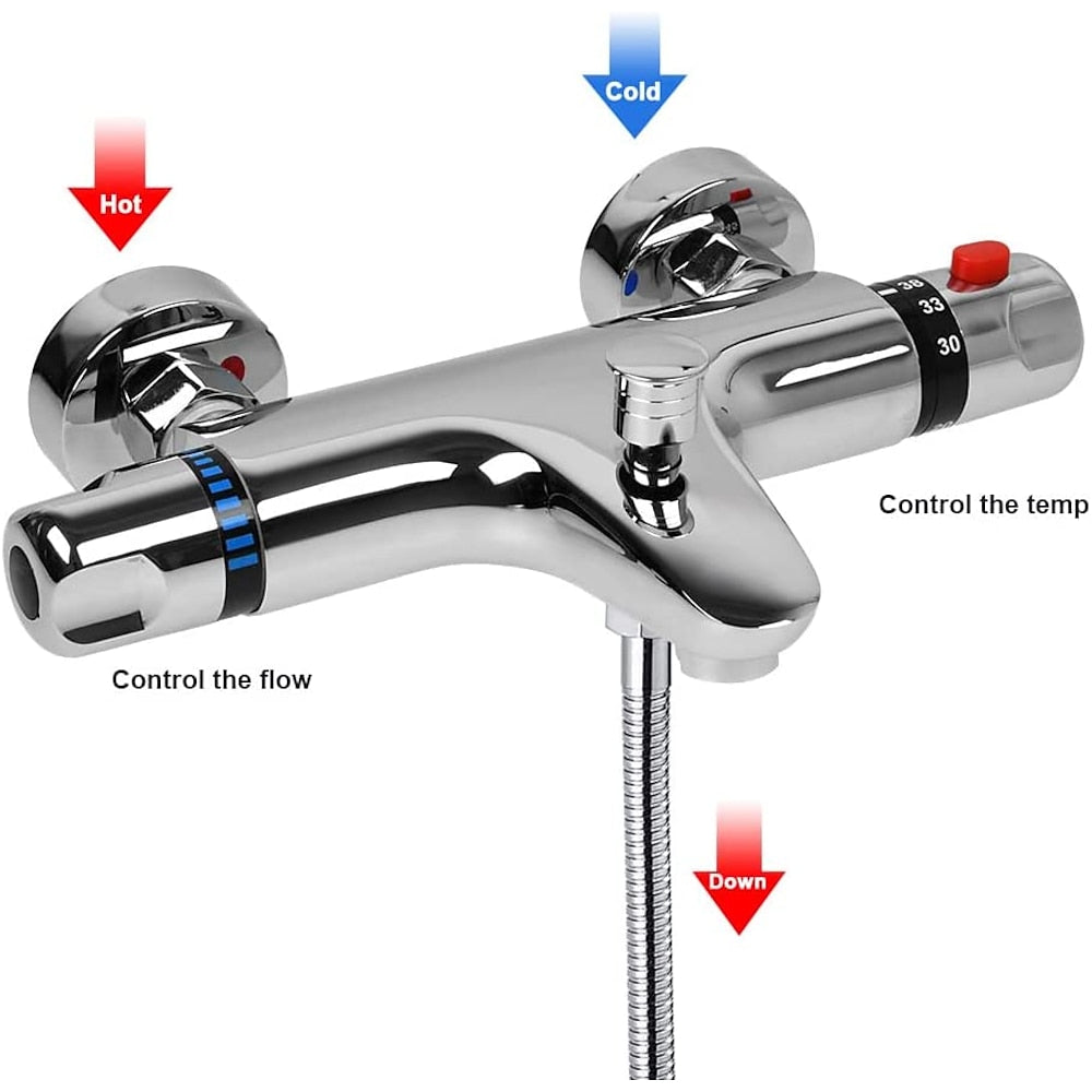 Chrome Thermostatic Wall-Mounted Bath Shower Mixer Valve, Exposed Brass Tub Faucet with Diverter Spout