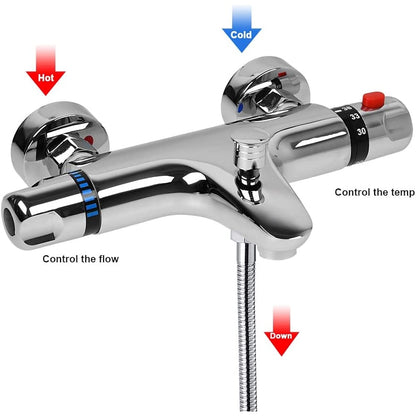 Chrome Thermostatic Wall-Mounted Bath Shower Mixer Valve, Exposed Brass Tub Faucet with Diverter Spout