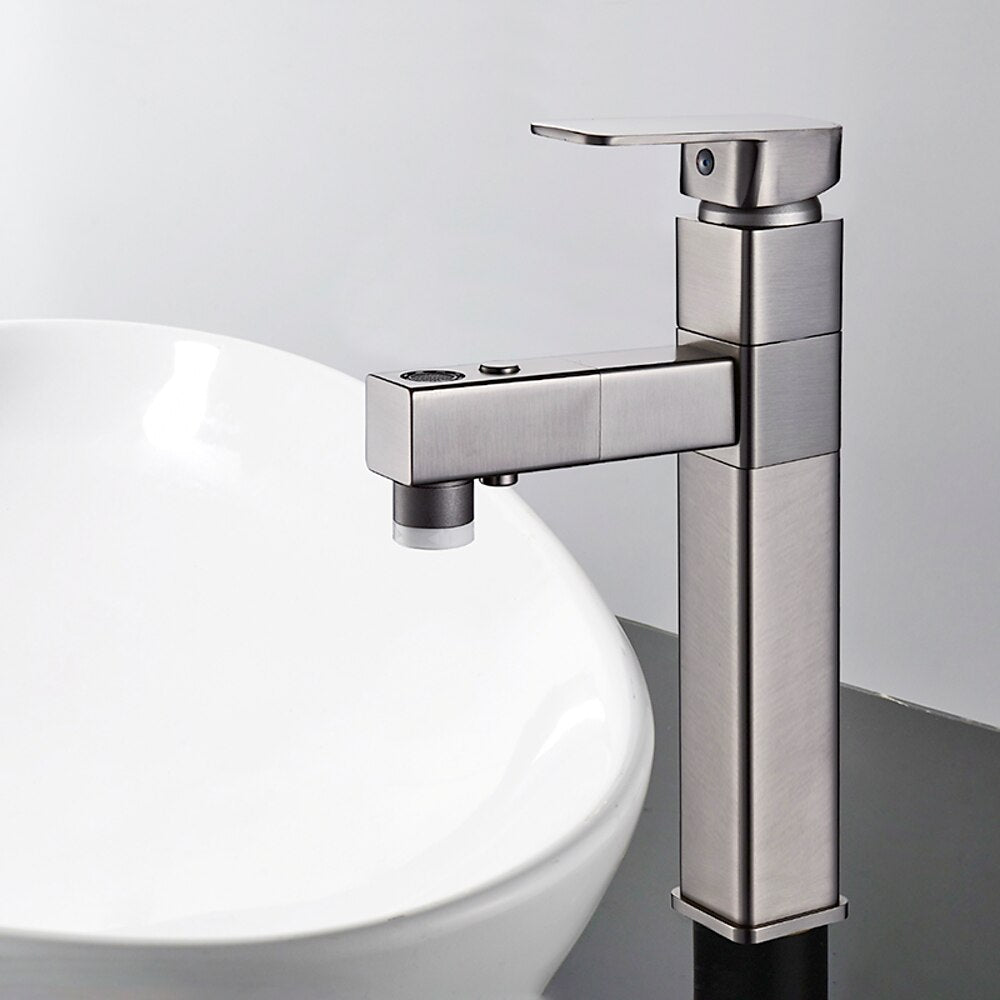 Modern Pull-Out Bathroom Faucet, Single-Hole Swivel Spout Faucet, Matte Black / Chrome / Brushed Nickel / Gunmetal / Matte White