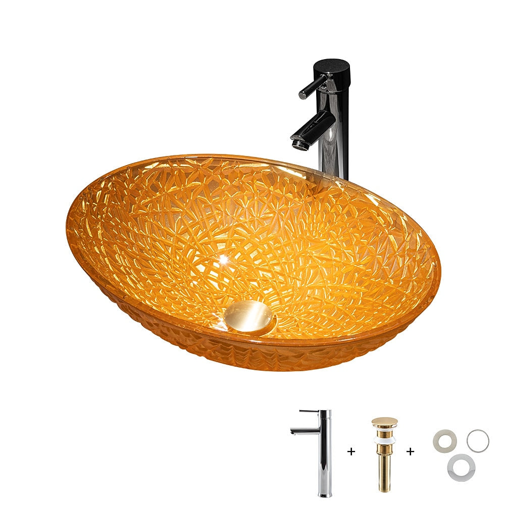 Orange Oval Glass Vessel Sink with Chrome Faucet, Single-Handle Bathroom Vessel Faucet with Pop-Up Drain