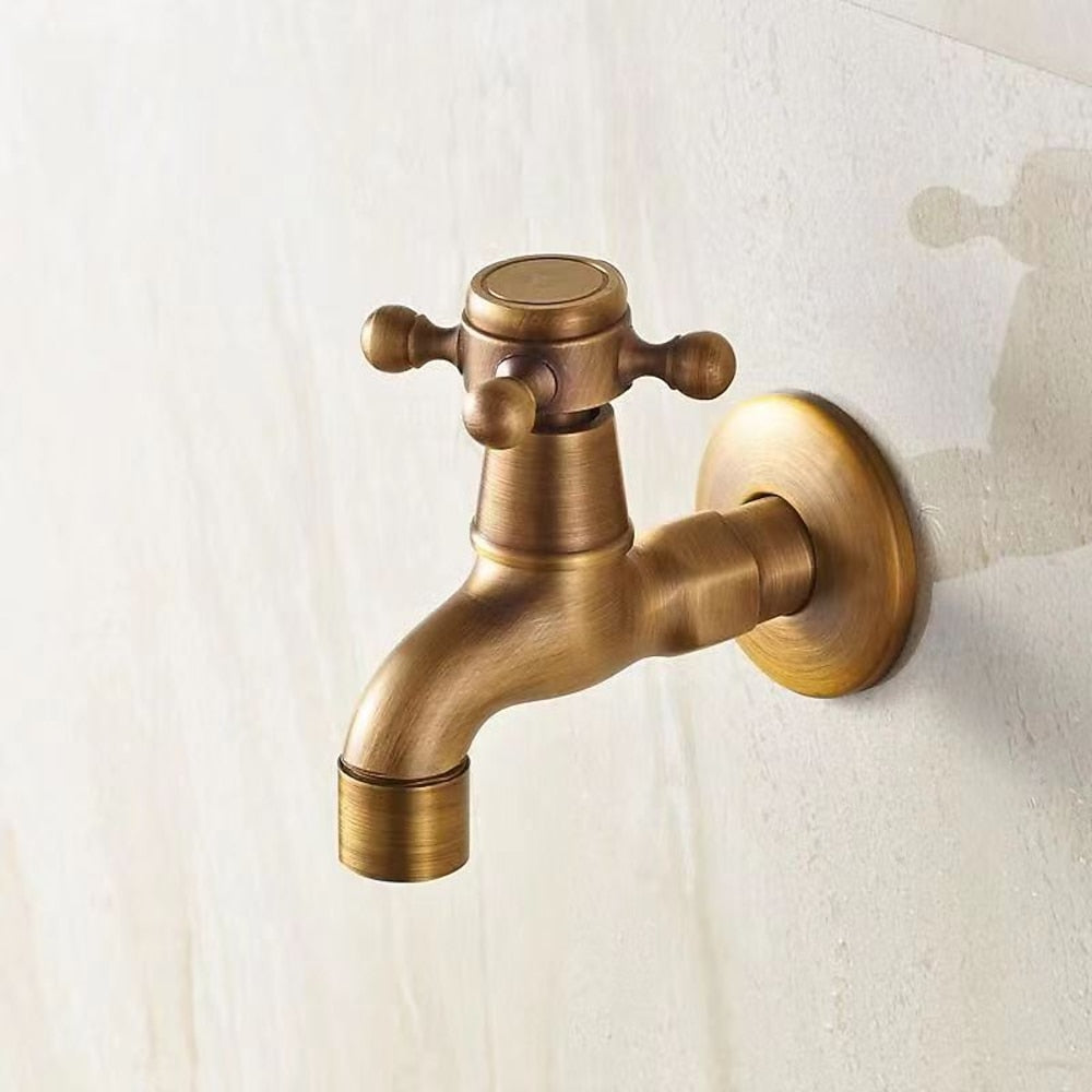 Vintage Wall-Mount Solid Brass Faucet, Single-Cold Cross Handle Faucet, Matte Black / Antique Brass