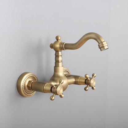 Retro Antique Brass Wall-Mount Bathroom Faucet, Double Cross Handle Swivel Spout Faucet