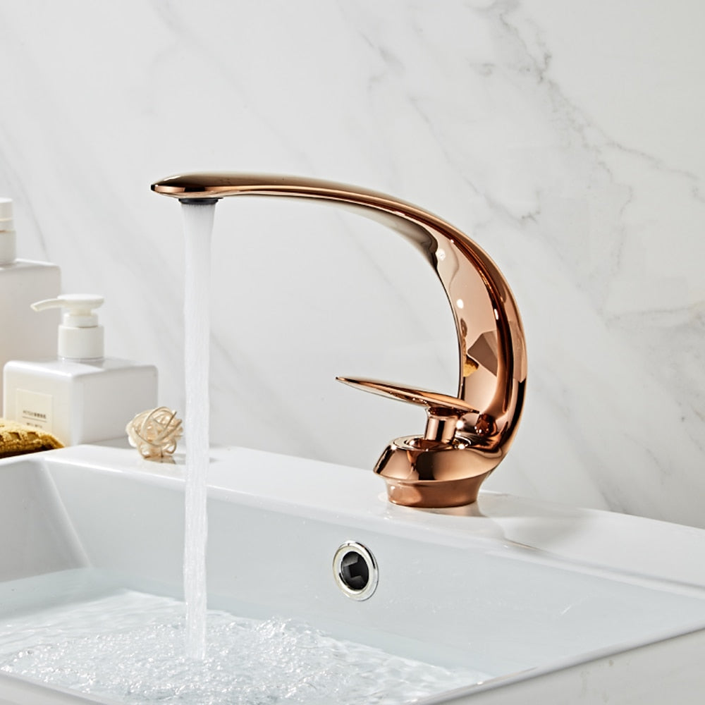High Arc Spout Modern Single-Hole Bathroom Faucet, Single-Handle Brass Body Sink Faucet